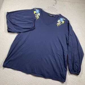 Susan Graver Weekend Top Women 2X Blue Floral Embroidered V-Neck Balloon Sleeve